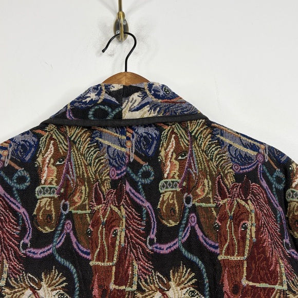 Crazy Cowgirl Tapestry Jacket Womens XL Blue Brown Horses Cropped Blazer - Picture 3 of 14